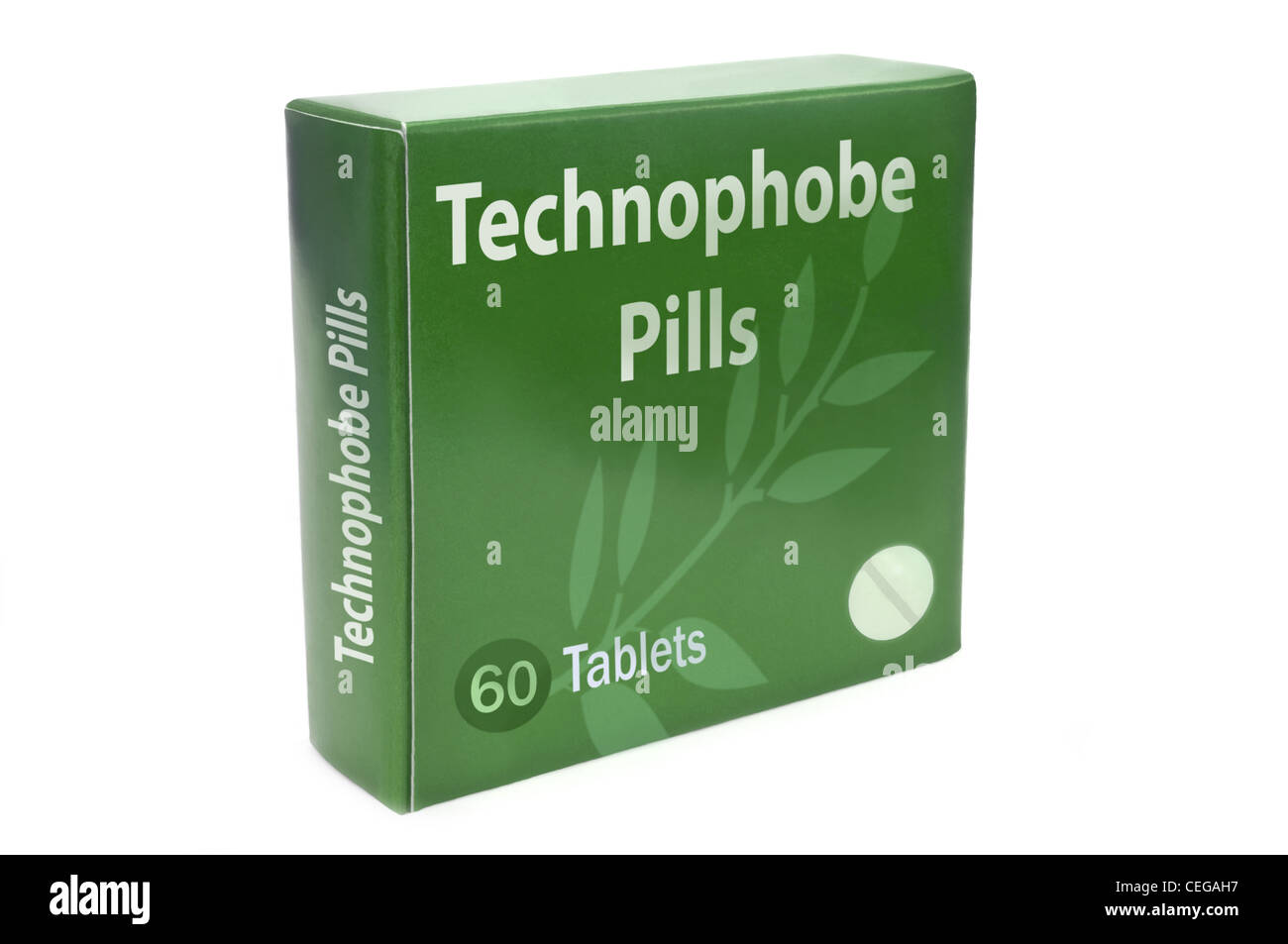 Nahaufnahme von ein grünes Feld mit den Worten "Technophobe Pillen" über weiß angeordnet. Stockfoto