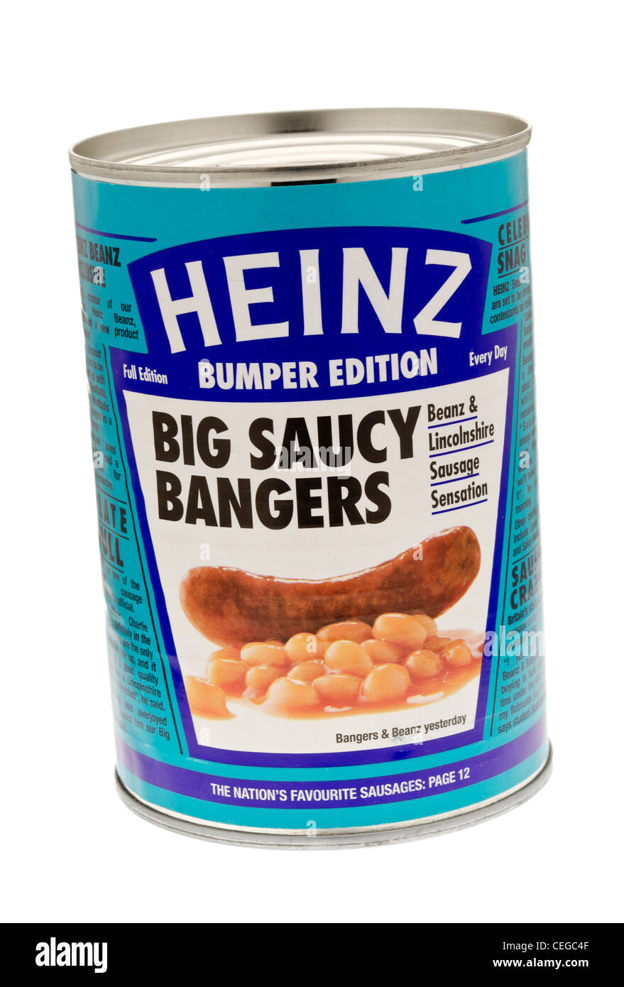 Dose mit Heinz große freche Bangers mit Bohnen Stockfoto