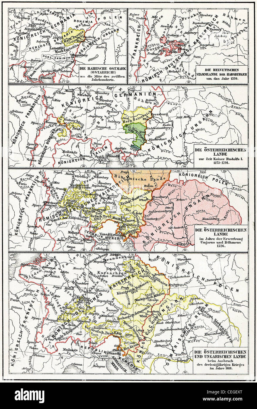 Karte von Österreich-Ungarn aus dem 12. Jahrhundert bis ins 17. Jahrhundert. Stockfoto