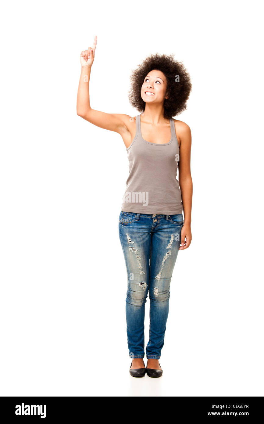 Afroamerikanischen jungen Frau isoliert auf weiss nachschlagen mit einem Finger in der Luft Stockfoto