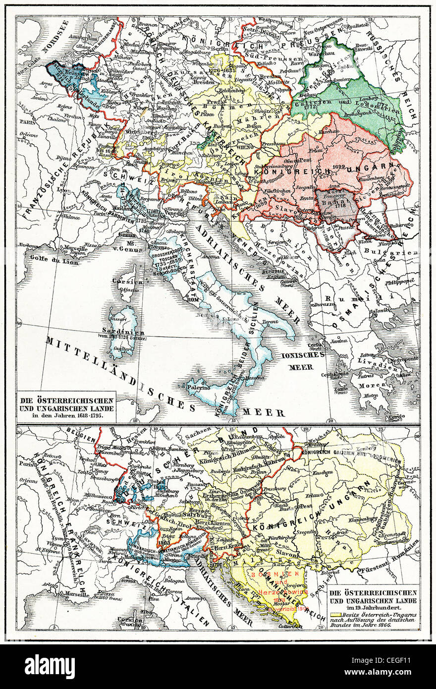Karte von Österreich-Ungarn aus dem 17. Jahrhundert bis ins 19. Jahrhundert. Stockfoto