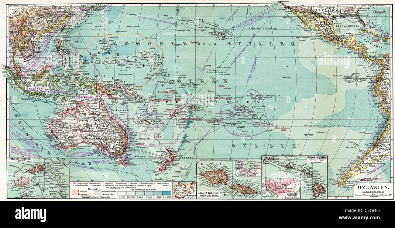 Karte von Australien und Ozeanien. Veröffentlichung des Buches "Meyers Konversations-Lexikon", Band 7, Leipzig, Deutschland, 1910 Stockfoto