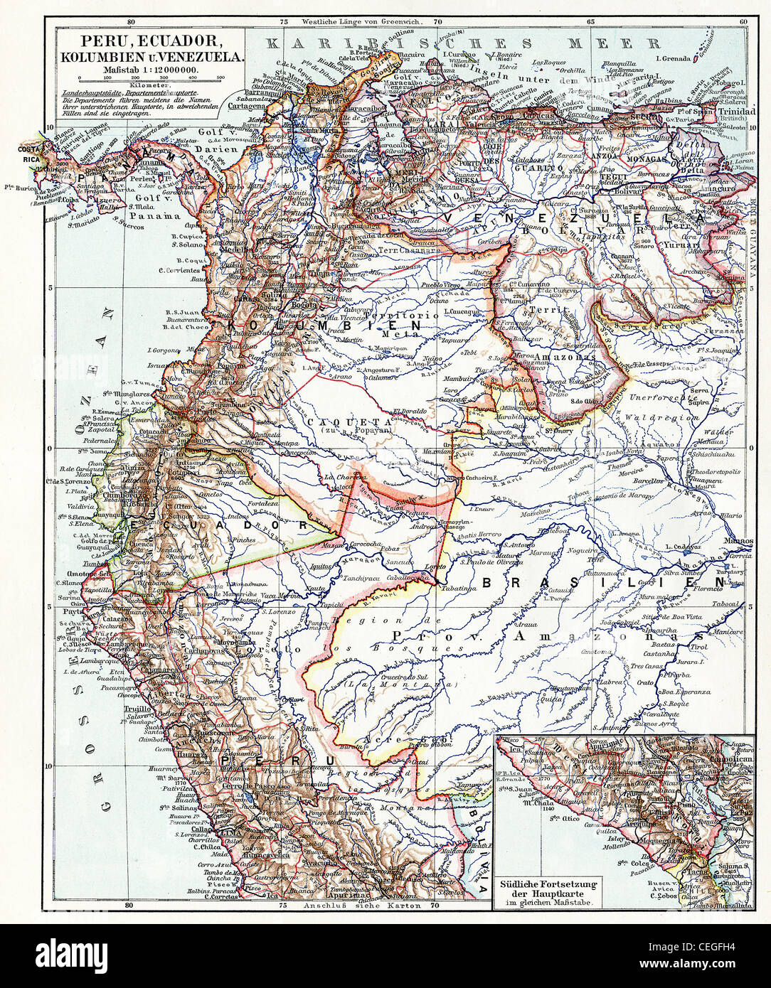 Karte von Peru, Ecuador, Kolumbien und Venezuela. Stockfoto