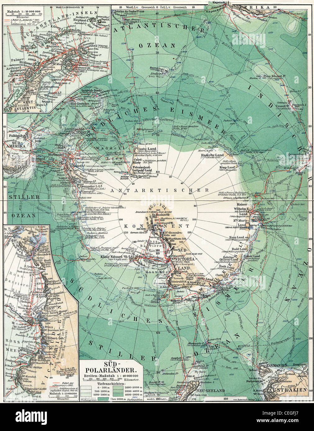 Südpol. Karte von dem Kontinent, Ozeane und Meere, Inseln und das Land um ihn herum. Stockfoto