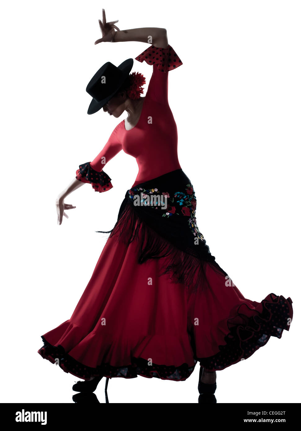 eine Frau Zigeuner-Flamenco tanzen Tänzer auf weißem Hintergrund Studio isoliert Stockfoto