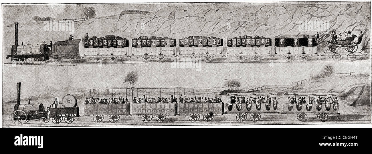 Ersten Personenwagen in Europa, 1830, George Stephenson´s Dampflokomotive auf der Liverpool nach Manchester Linie. Stockfoto