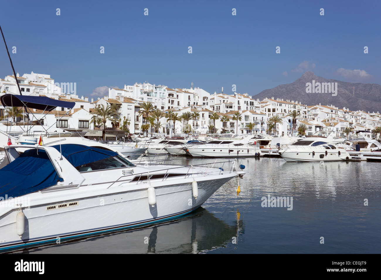 Luxus-Yachten vertäut am El Puerto José Banús, Marbella, Costa Del Sol, Andalusien, Spanien Stockfoto