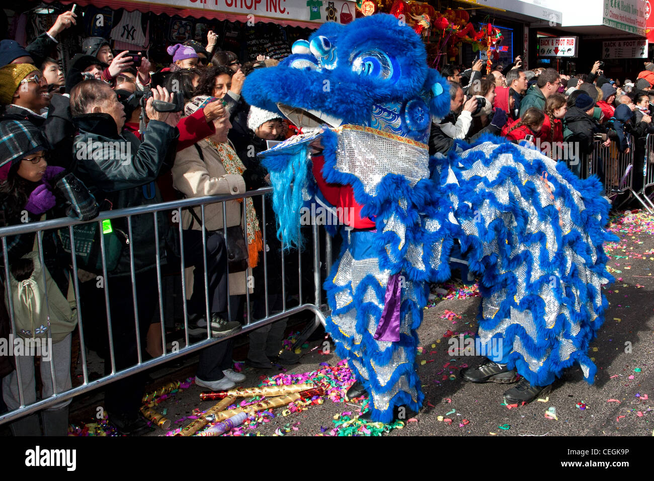 Zuschauer berühren einen blauen Drachen als Glücksbringer bei der 2012 Lunar New Year Parade in New Yorks Chinatown Stockfoto