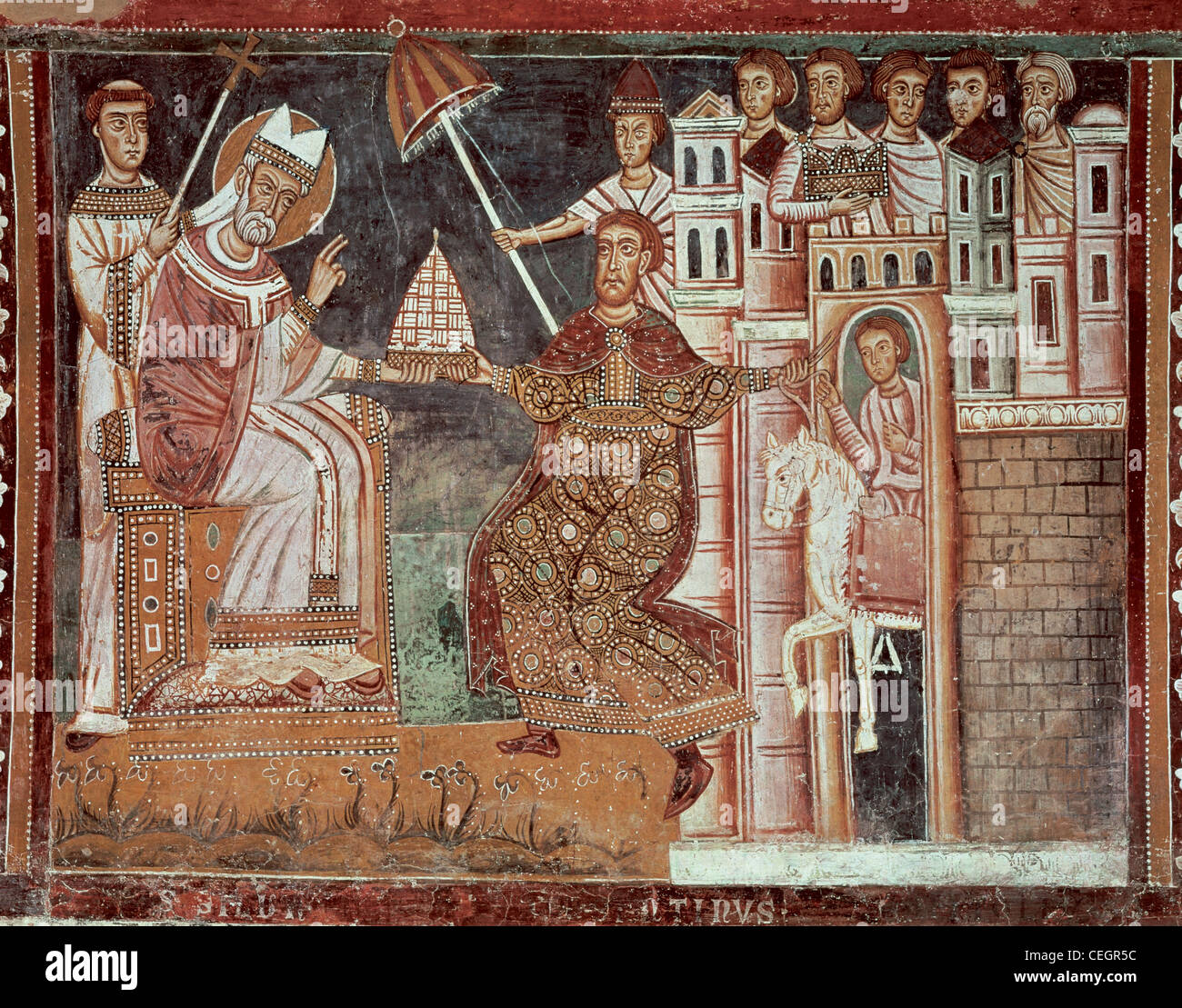 Constantine i. der große (285-337). Römischer Kaiser. Die Spende von Konstantin Papst Sylvester I. unter freiem Himmel. Rom. Italien. Stockfoto