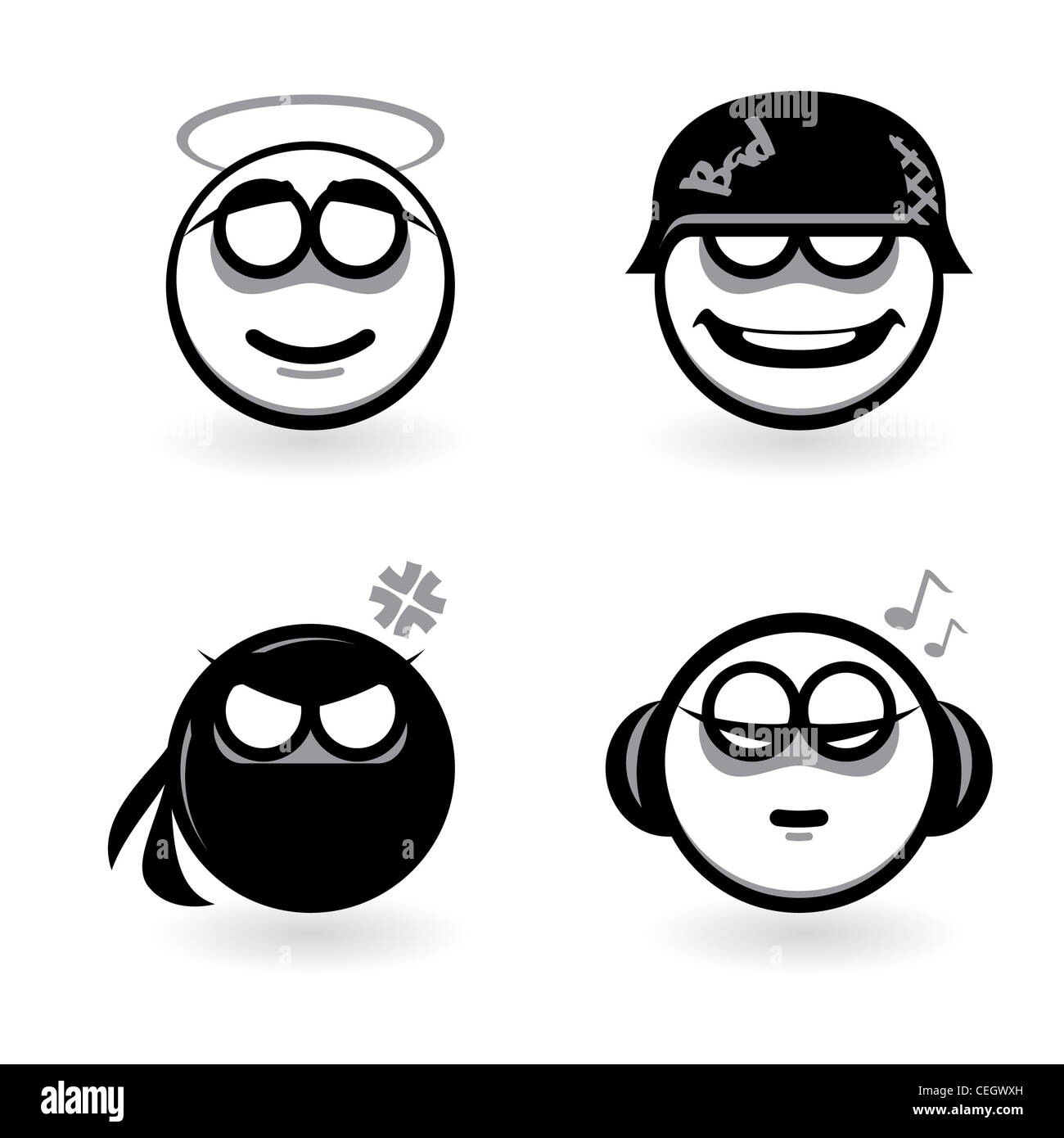 Vier Cartoon abstrakte Emotionen. Teil vier. Abbildung auf weißem Hintergrund Stockfoto