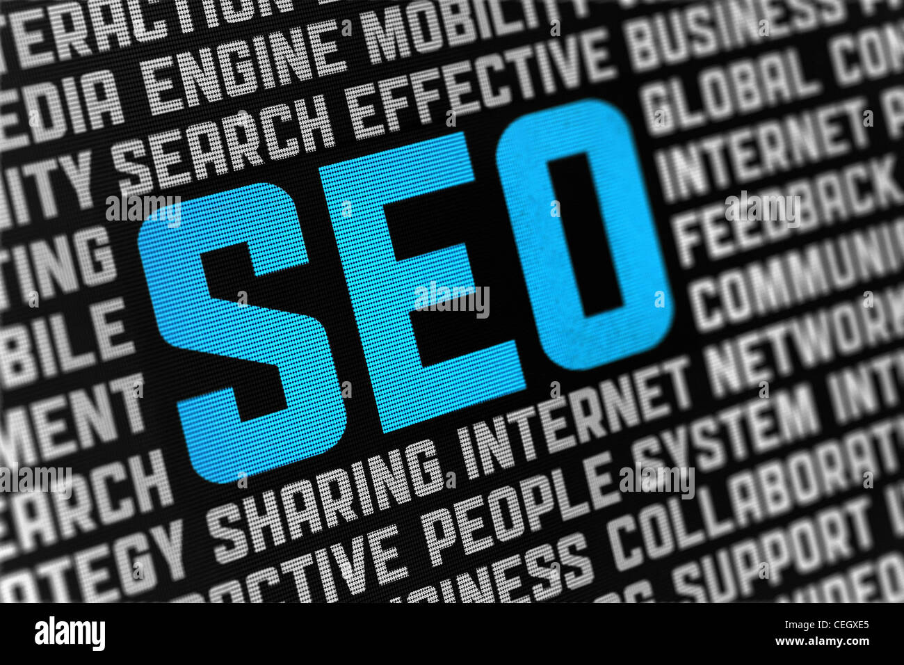 Digitale Poster mit SEO Text und Wörter auf soziale Motor Optimierung Thema. Selektiven Fokus auf Überschrift. Stockfoto