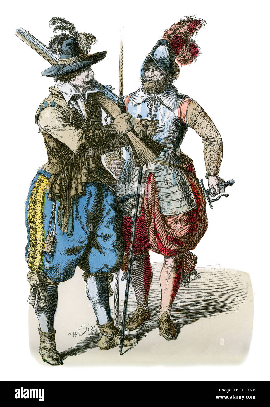 Ein Musketier und Pikenier aus der Zeit des Dreißigjährigen Krieges im 17. Jahrhundert Stockfoto