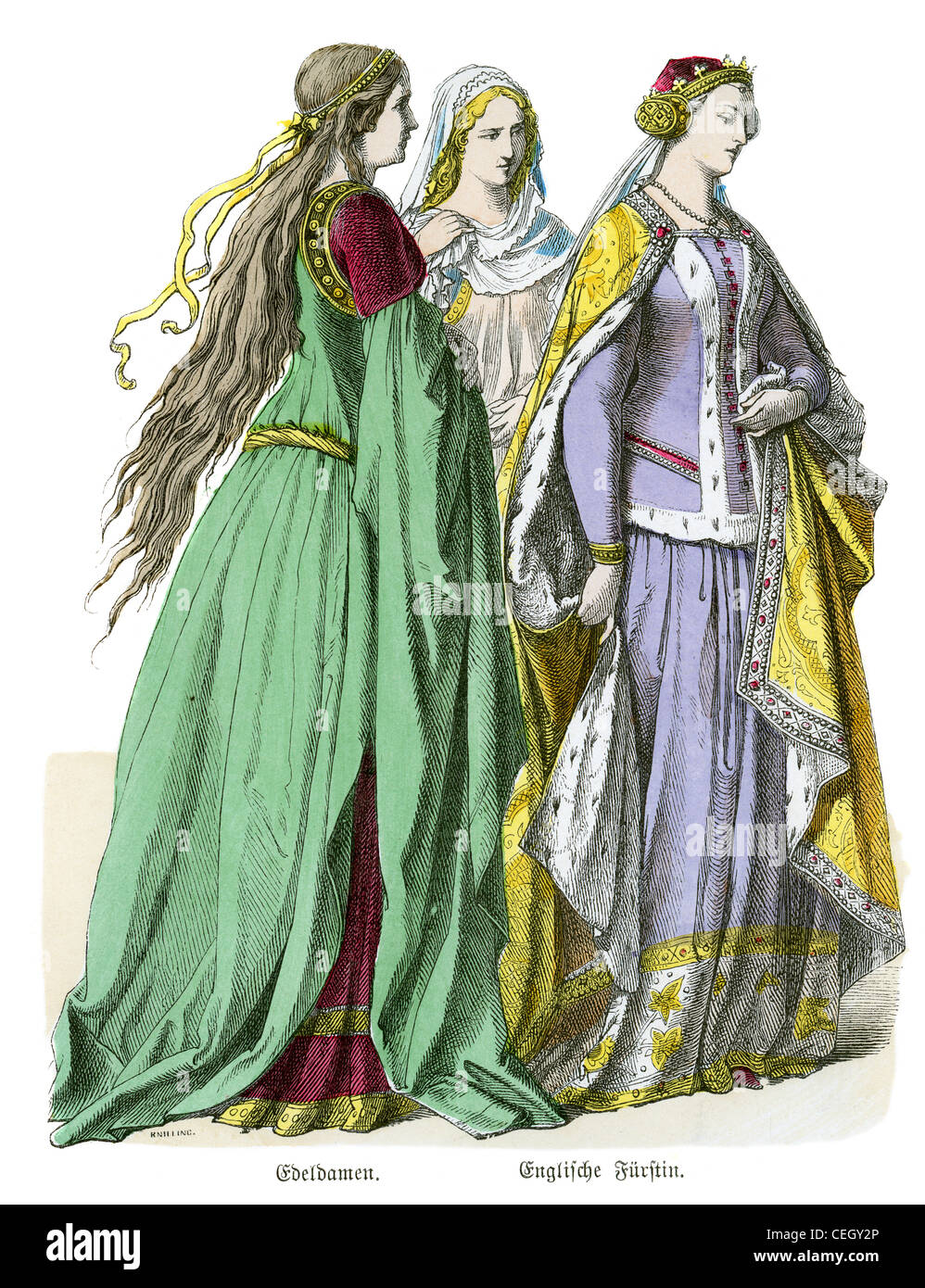 Eine englische Prinzessin und Edelfrauen aus dem 14. Jahrhundert Stockfoto