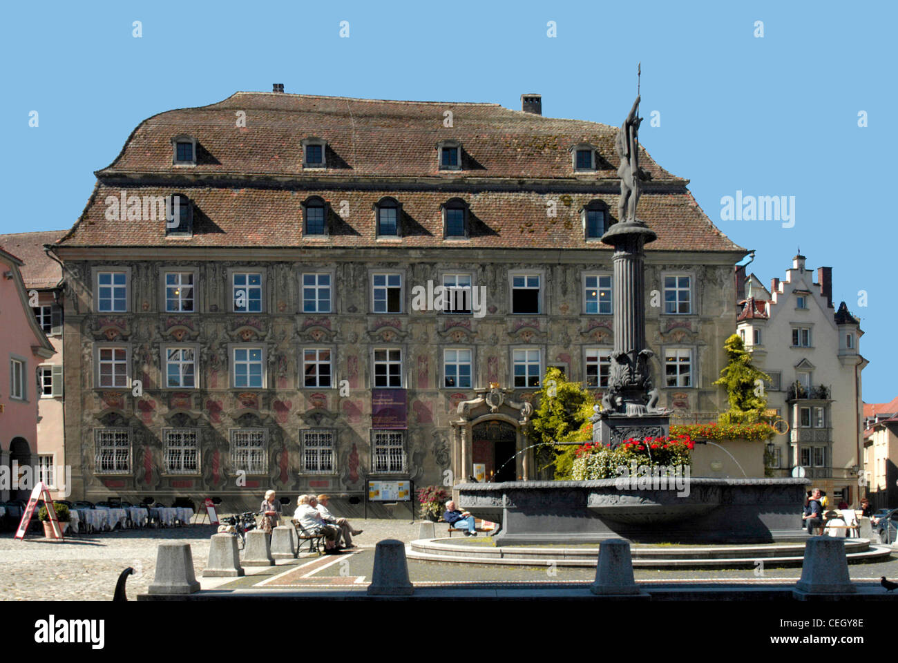 Patrizier Haus "Haus Zum Cavazzen" am Marktplatz von Lindau im Bodensee. Stockfoto