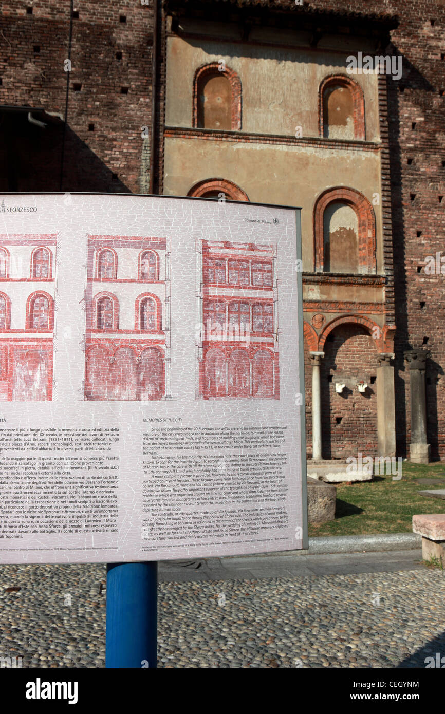 Rekonstruktion des 15. Jahrhunderts Arkaden Innenhof Fassaden in der Begründung des Castello Sforzesco in Mailand zusammen mit Informationen Stockfoto