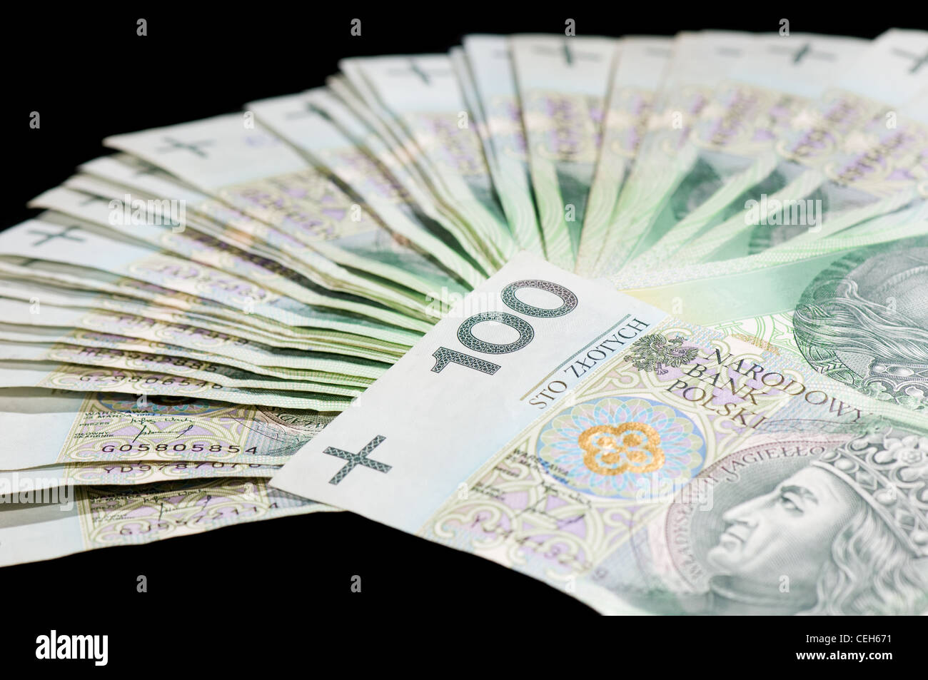 Fan von vielen hundert Polnischer Złoty-Banknoten Stockfoto