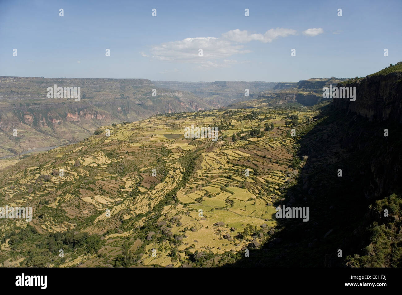 Mit Blick auf den afrikanischen Rift Valley und Bauernhöfen in der Nähe von Debre Libanos in Äthiopien Stockfoto