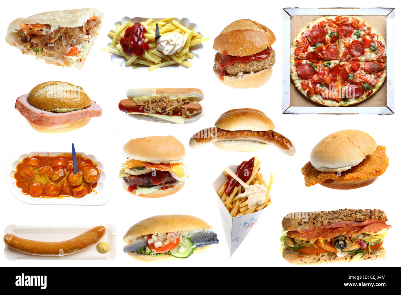 Ernährung. Zusammenstellung, verschiedene Fast-Food-Gerichte zu komponieren. Hot-Dog, Cheeseburger, türkischen Kebab, Pizza, Würstchen, Sandwich. Stockfoto