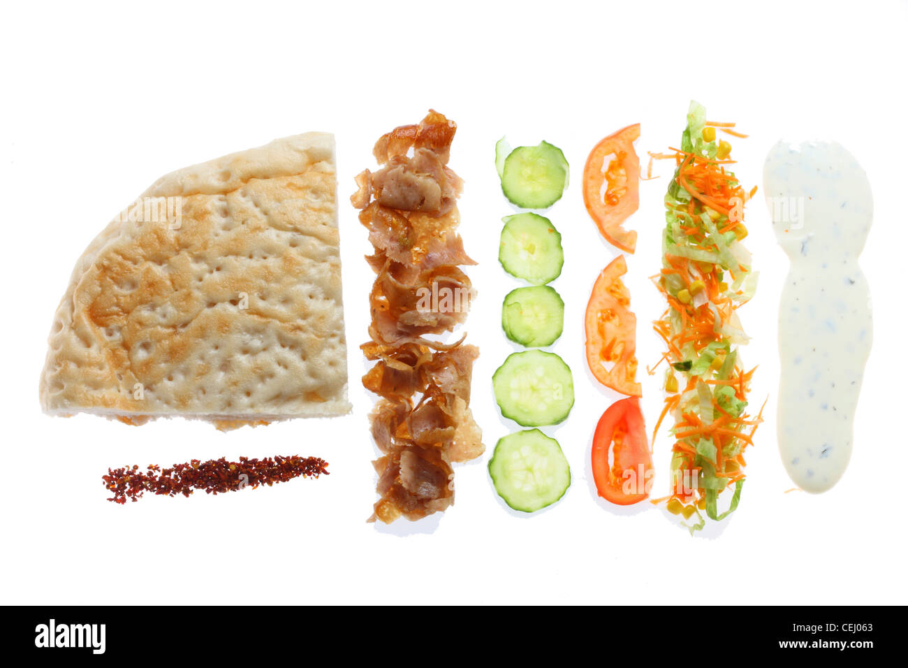 Zusammenstellung der Zutaten von einem typischen türkischen Kebab. Fleisch, Salat, Knoblauch-Sauce, Gewürze, Grube Brot. Stockfoto