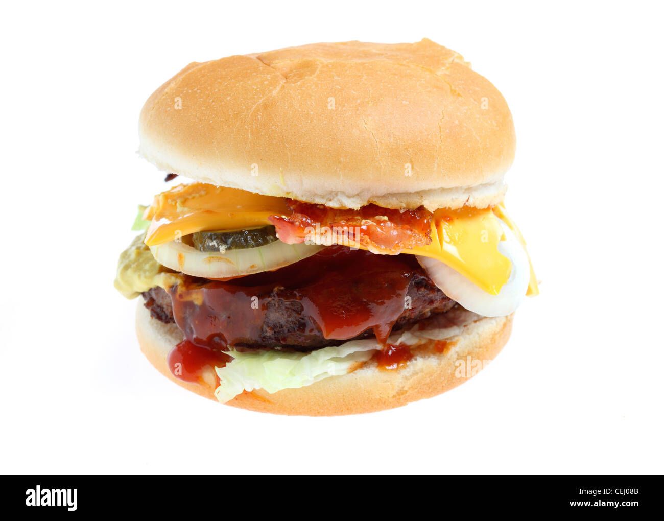 Hamburger, Cheeseburger, Ketchup, Tomatensauce, rot, Brot, Brötchen, Brötchen, Frikadellen, Frikadellen, Fleisch, Frikadelle, Zwiebeln Stockfoto