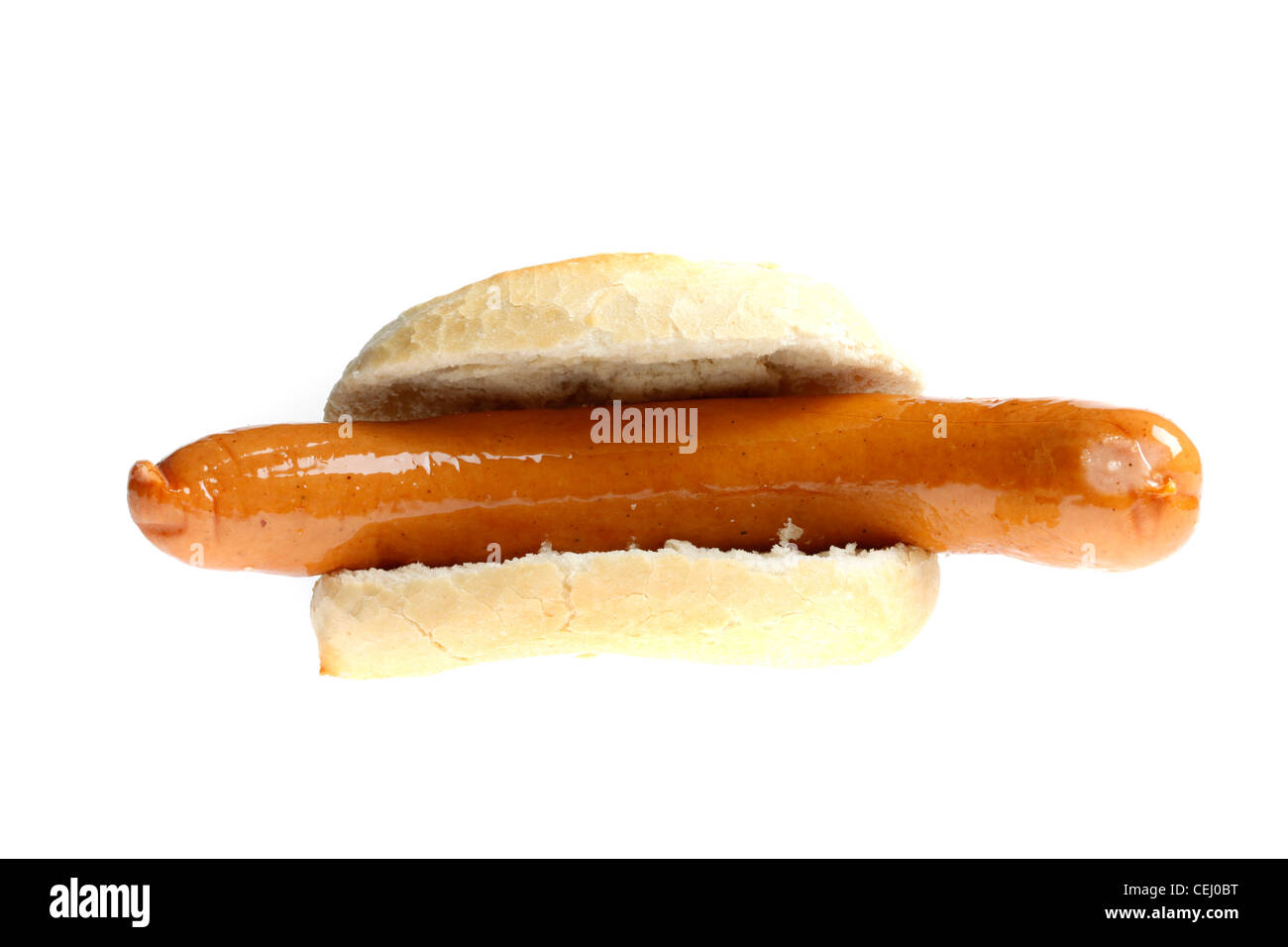 Ernährung, Fast-Food. Bockwurst, Würstchen, Frankfurter Stil gedämpft. Mit Senf. Hergestellt aus verschiedenen Arten von Fleisch. Stockfoto