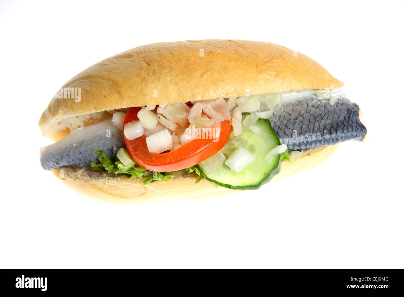 Ernährung, Fast-Food. Fisch-Sandwich, Hering mit Zwiebeln, Salat, Tomate, Gurke. Stockfoto