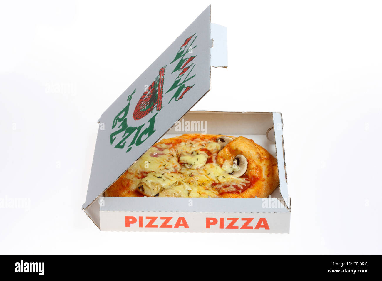 Ernährung, Fast-Food. Pizza zum mitnehmen, in einem Karton, Pizza-Schachtel. Stockfoto