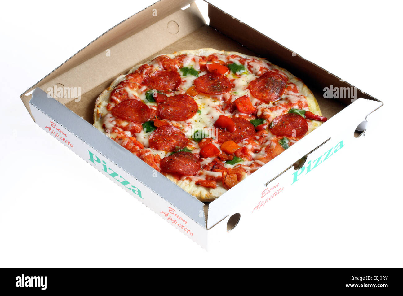 Ernährung, Fast-Food. Pizza zum mitnehmen, in einem Karton, Pizza-Schachtel. Stockfoto