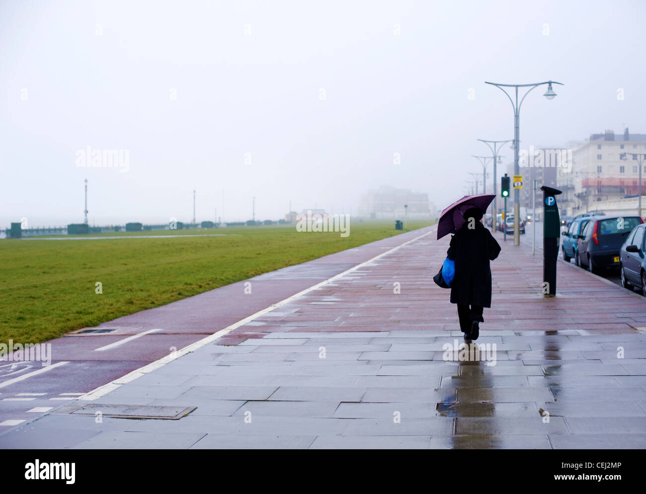 Eine Frau zu Fuß mit einem Regenschirm auf einem regnerischen und windigen Tag am Strand von Hove Rasenflächen, Brighton und Hove, East Sussex, England, UK Stockfoto