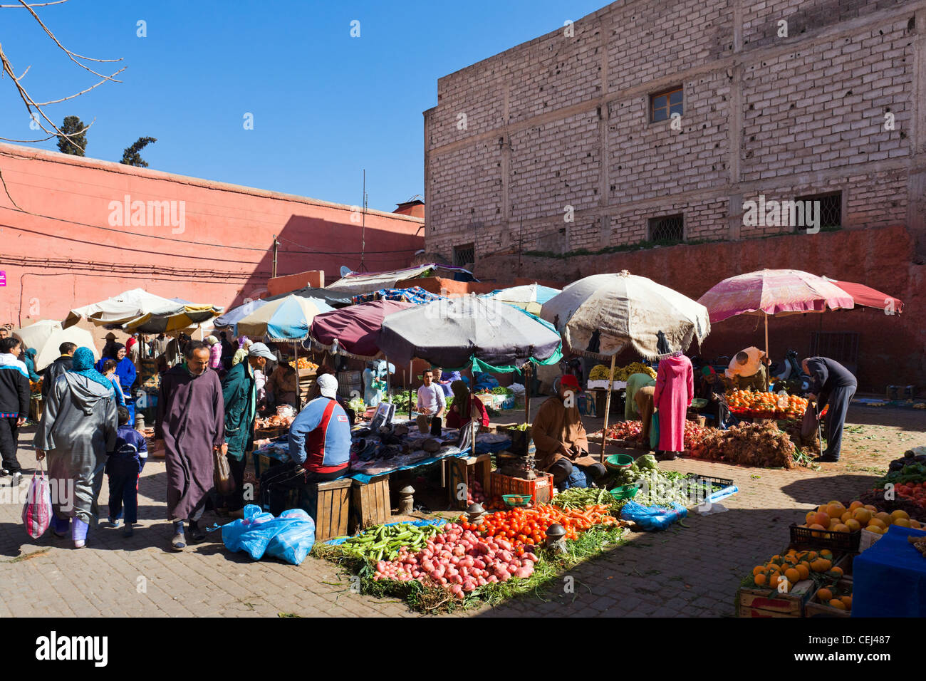 Örtlichen Obst- und Gemüsemarkt in der nördlichen Souks, Medina, Marrakesch, Marokko, Nordafrika Stockfoto