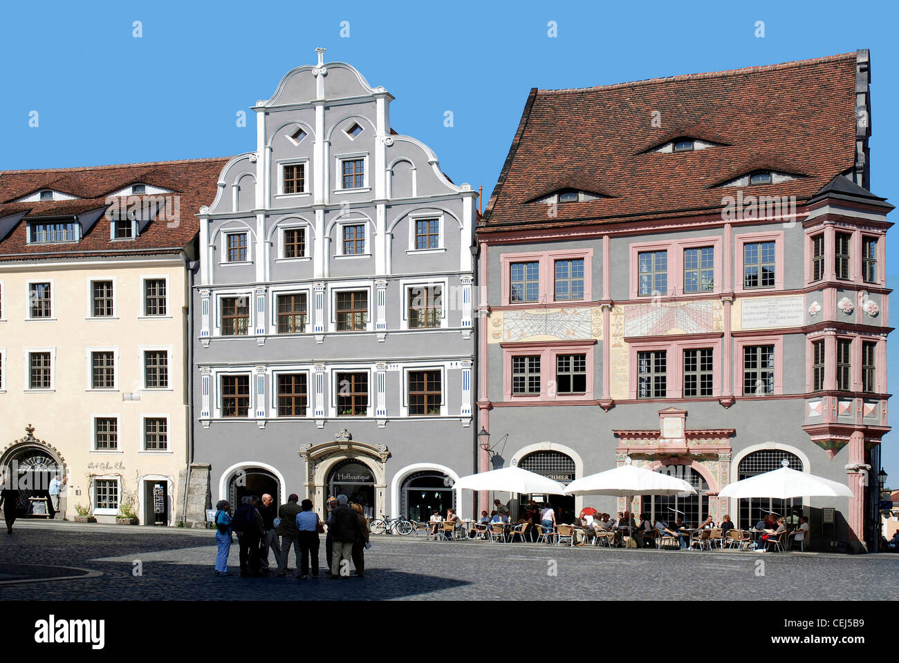 Restaurierte Wohngebäude auf dem unteren Markt in Görlitz. Stockfoto