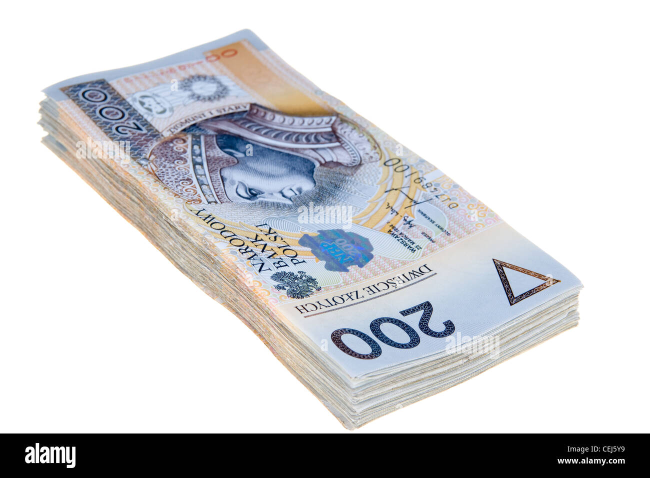 Stapel von zweihundert polnischen Złoty-Banknoten isoliert auf weißem Hintergrund Stockfoto