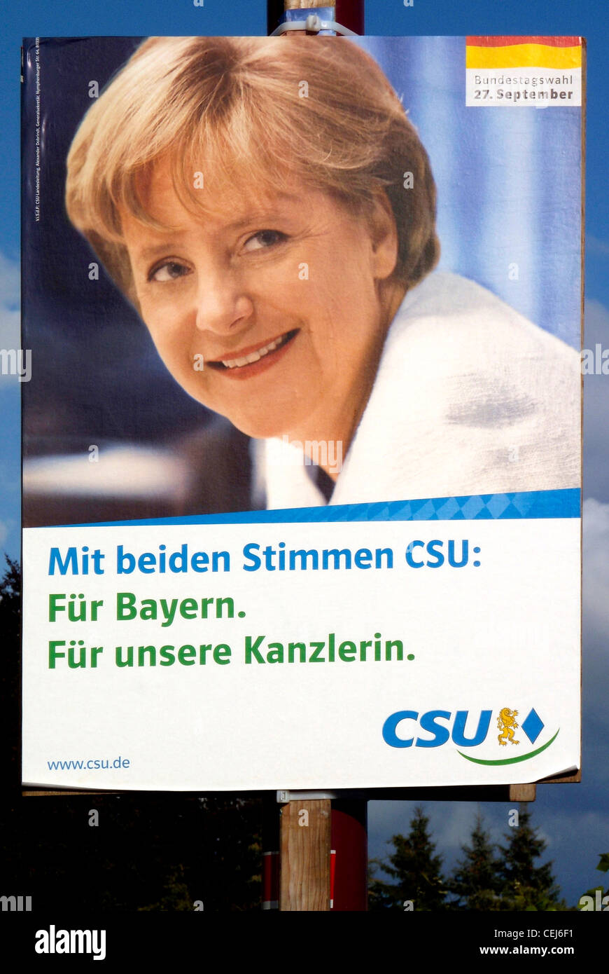 Wahlplakat der Bayerischen CSU für Angela Merkel Partei zur Bundestagswahl 2009. Stockfoto