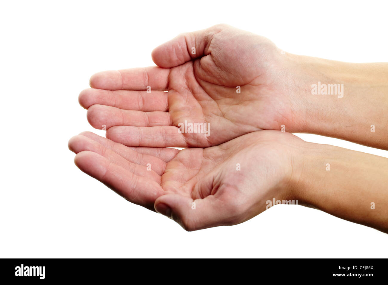 Menschliche Hände zusammen Palmen aufgestellt Stockfoto