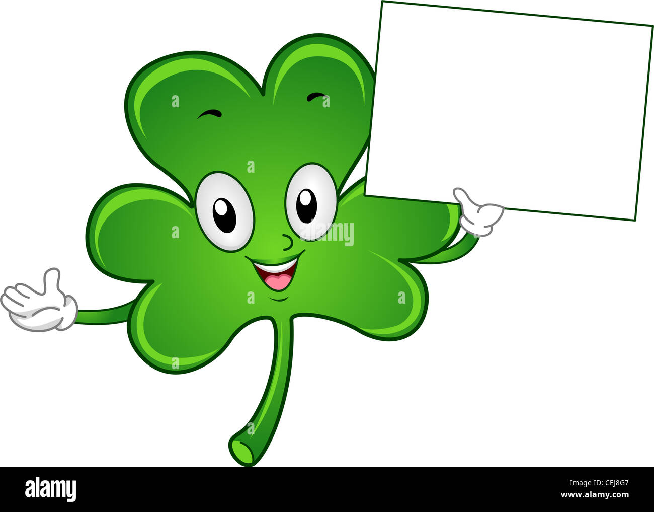 Beispiel für ein Shamrock-Maskottchen mit einem leeren Brett Stockfoto
