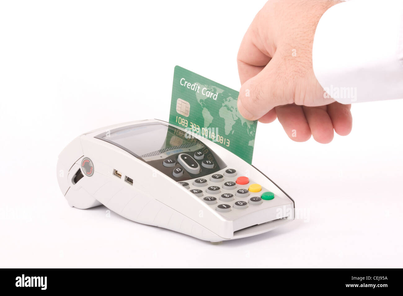 Bank-terminal und Kreditkarte isoliert auf weiss Stockfoto