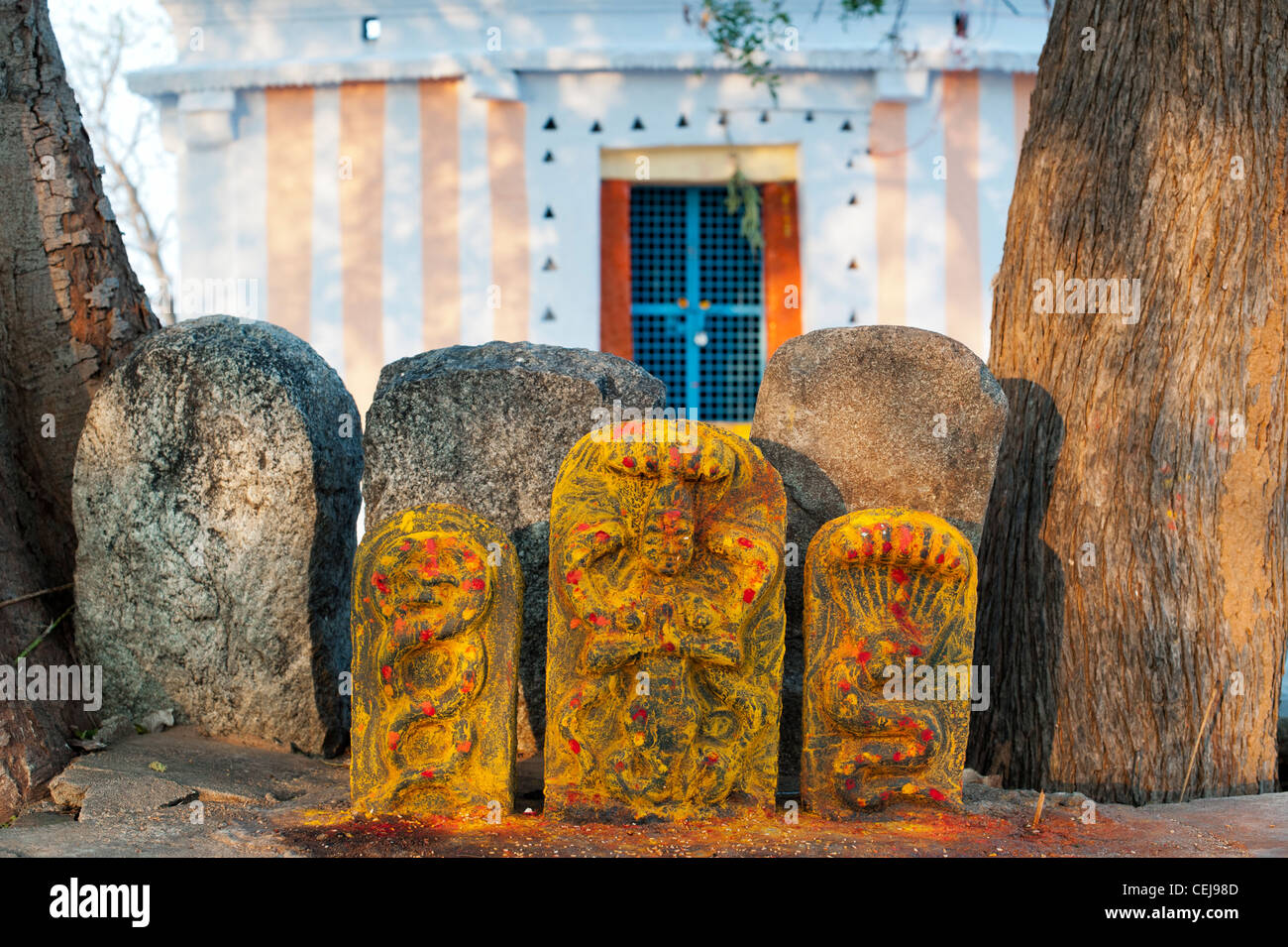 Hindu Altar Steinen in einem Tempel indische Vishnu Gottheit in der südindischen Landschaft darstellt. Andhra Pradesh, Indien Stockfoto Hindu Altar Steinen in einem Tempel indische Vishnu Gottheit in der südindischen Landschaft darstellt. Andhra Pradesh, Indien Stockfoto