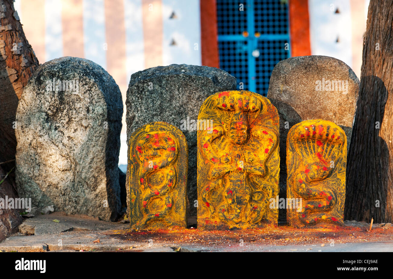 Hindu Altar Steinen in einem Tempel indische Vishnu Gottheit in der südindischen Landschaft darstellt. Andhra Pradesh, Indien Stockfoto Hindu Altar Steinen in einem Tempel indische Vishnu Gottheit in der südindischen Landschaft darstellt. Andhra Pradesh, Indien Stockfoto