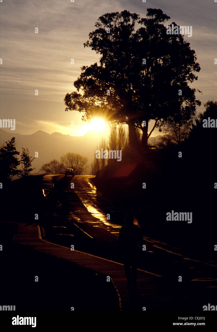 Sonnenuntergang auf Straße bis Runde Wanaka, Südinsel, Neuseeland Stockfoto