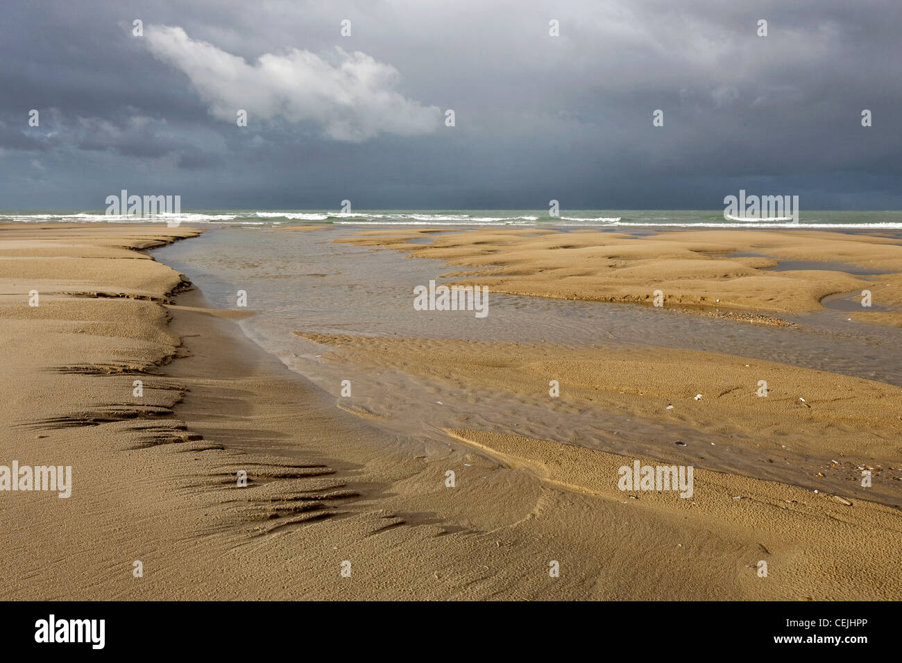 Gezeiten-Pools am Sandstrand bei Ebbe am Cap Blanc Nez, Pas-de-Calais, Frankreich Stockfoto