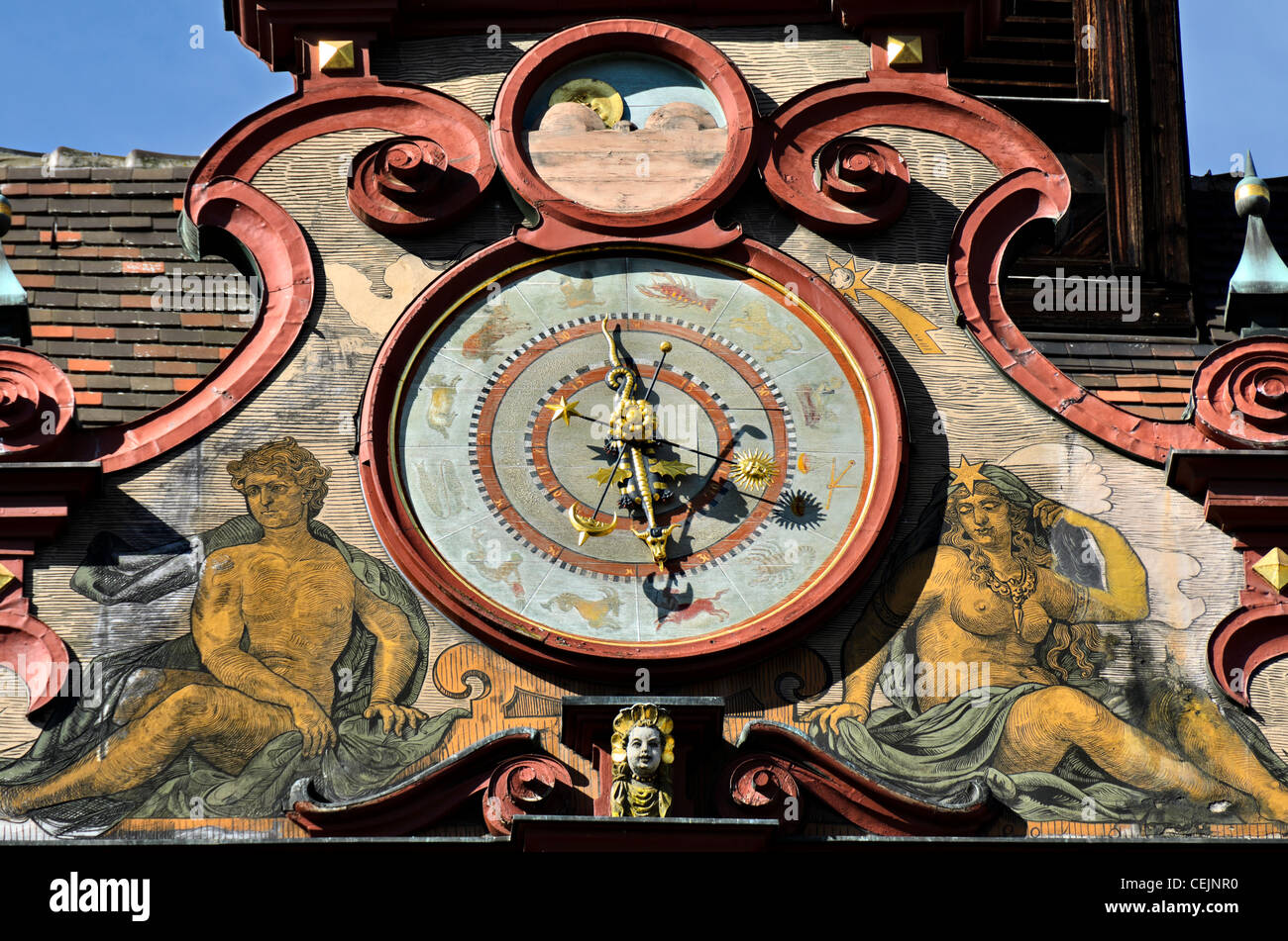 Astronomische Uhr Rathaus, Tübingen, astronomischen Rathausuhr, Deutschland, Stockfoto