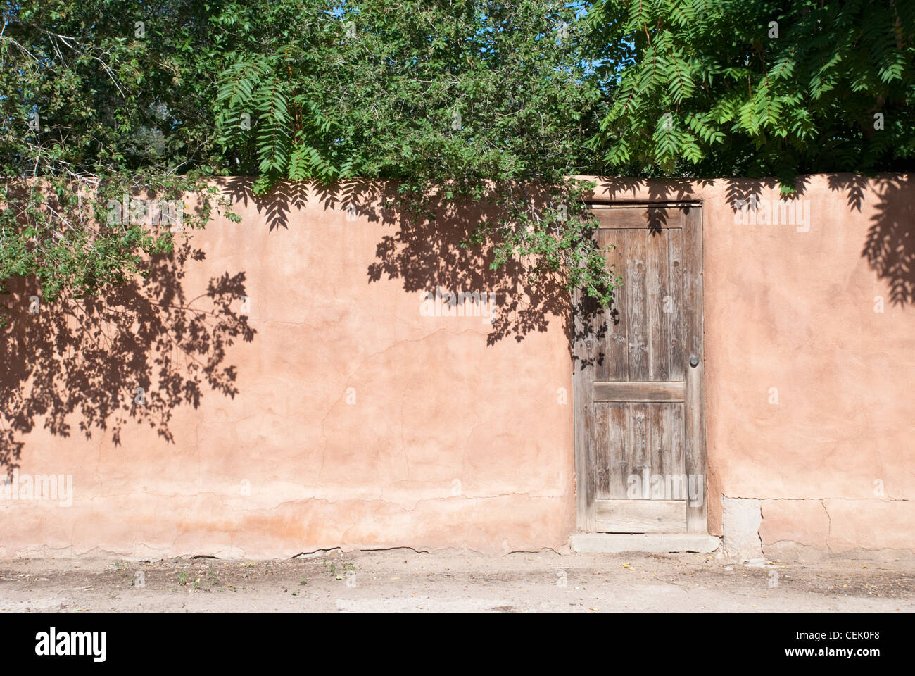 Schatten aus den umliegenden Bäumen verleihen eine künstlerische Atmosphäre dieser Adobe-Wand in Golden, in der Nähe von Santa Fe, New Mexico. Stockfoto