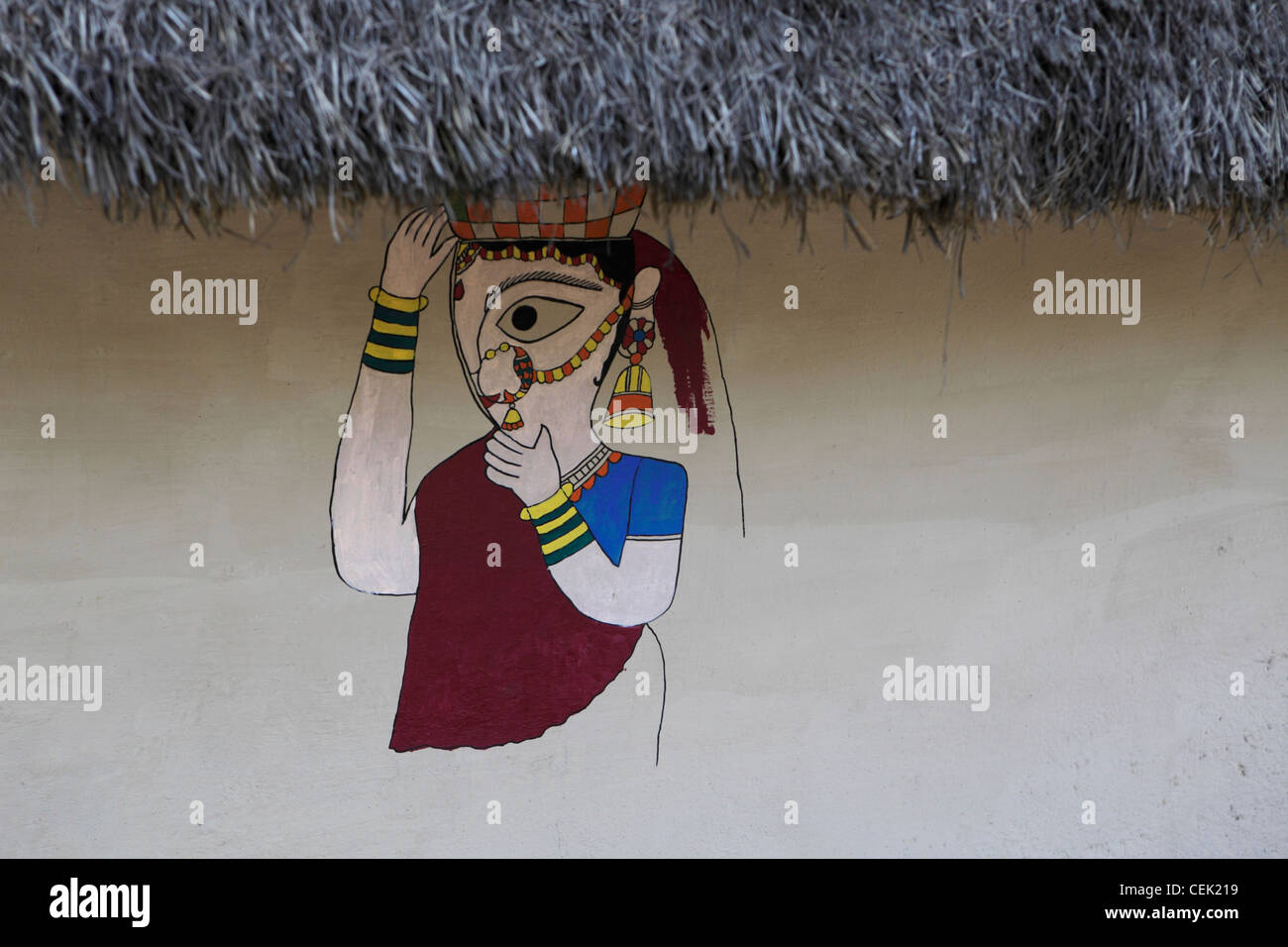 Traditionelle Malerei der indischen Frau auf Seite des Dorfes Wand.  Neu-Delhi, Indien Stockfoto