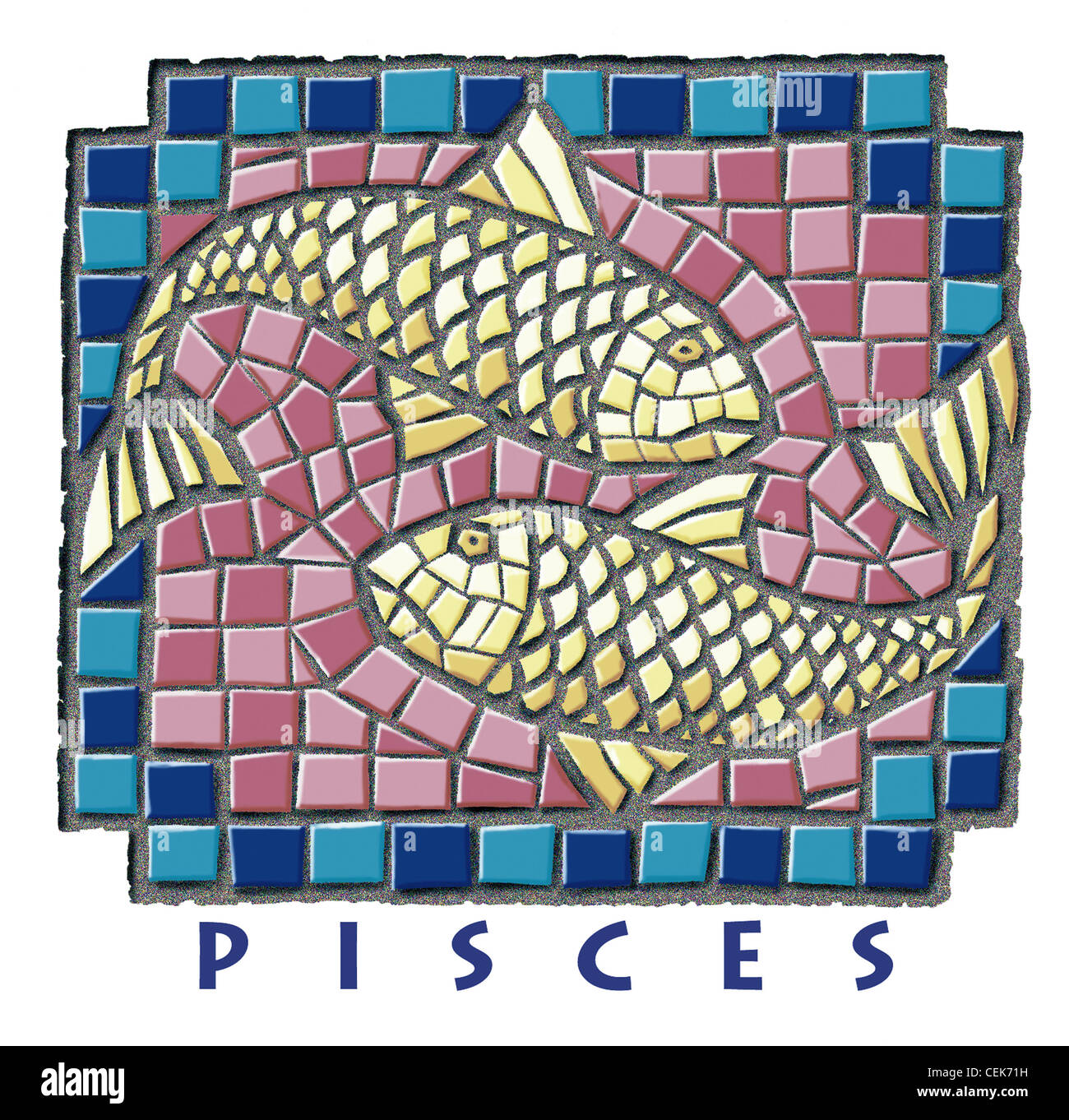 Sternzeichen Fische Mosaik Abbildung des goldenen Fisch mit Blick auf  unterschiedliche Richtungen gegen rosa Hintergrund blaue Grenze Sternzeichen  Stockfotografie - Alamy