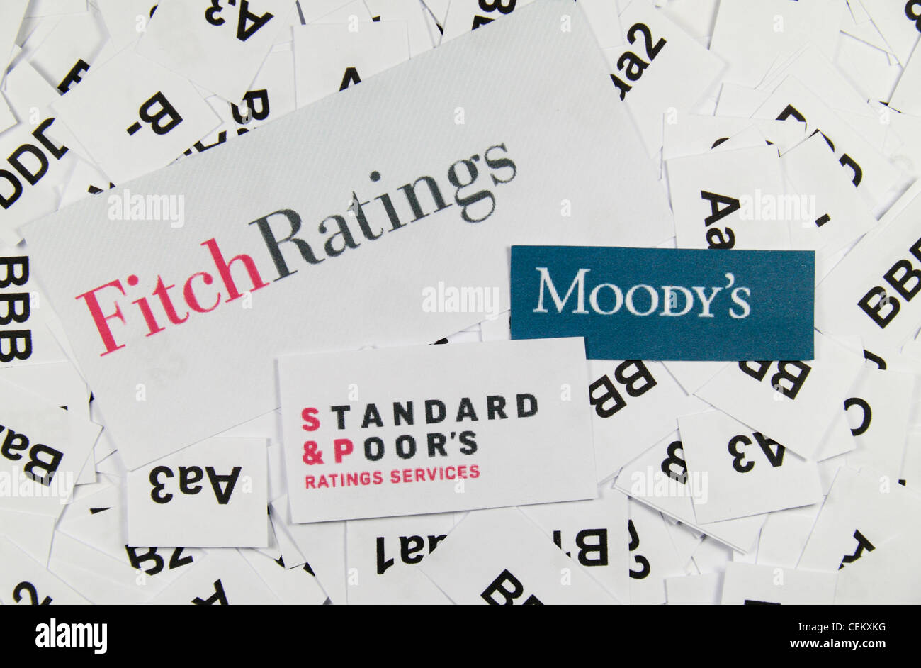 Die Logos von Fitch Ratings, Moodys und Standard & Poors, auf einem Bett von Ratings, die von ihnen verwendet, um Unternehmen zu bewerten. Stockfoto