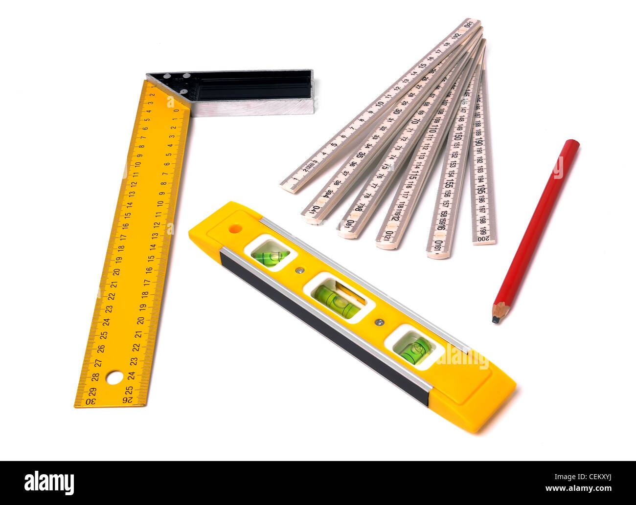 Messwerkzeuge, isoliert auf weiss Stockfoto