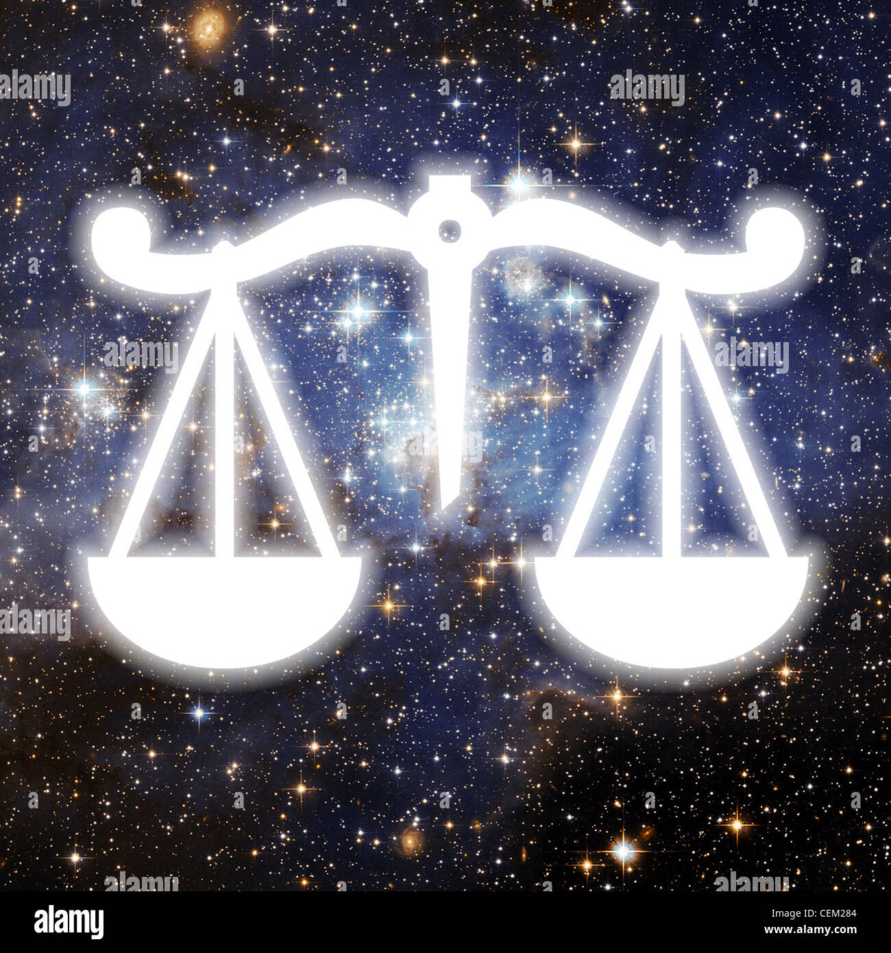 Eine Abbildung eines weißen Silhouette Gleichgewicht Skalen, legen Sie vor dem Hintergrund des Raumes gefüllt mit Sternen Stockfoto