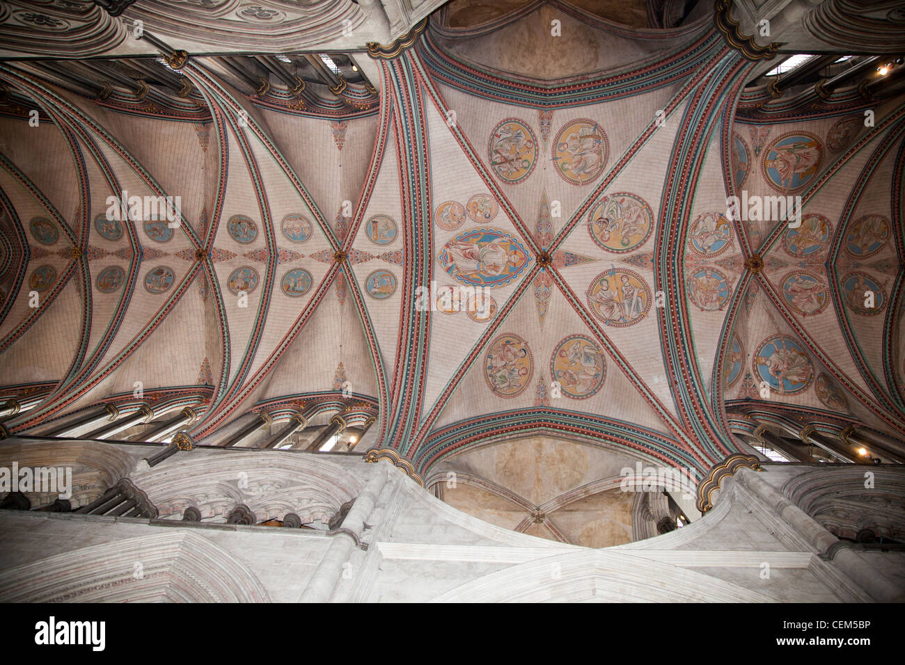 England, Salisbury, Salisbury Cathedral, Chor und Trinitatiskapelle Quadribbed gewölbte Decke Stockfoto