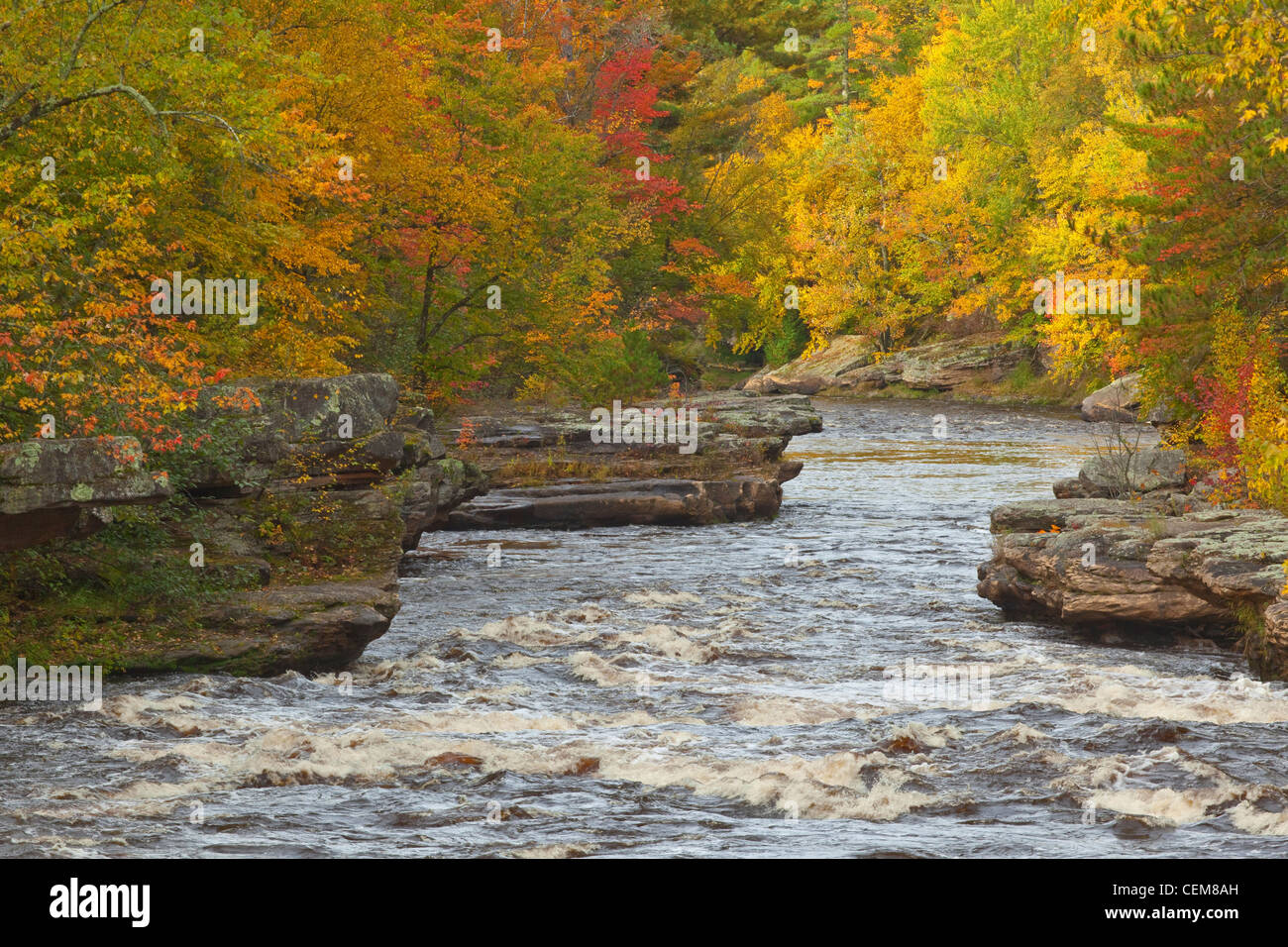 Herbstfarben entlang der Kettle River Verbot Stromschnellen im Banning State Park, Sandstein, Minnesota, USA Stockfoto
