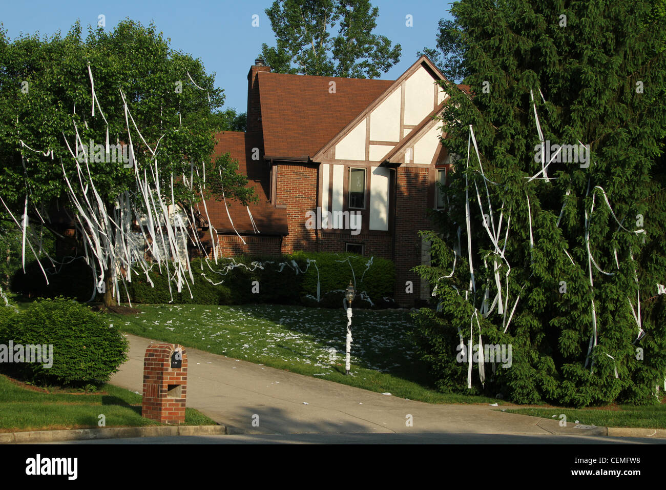 Haus mit Toilettenpapier in den Bäumen hängen. Teenager-Streich.  Beavercreek, Dayton, Ohio, USA Stockfotografie - Alamy